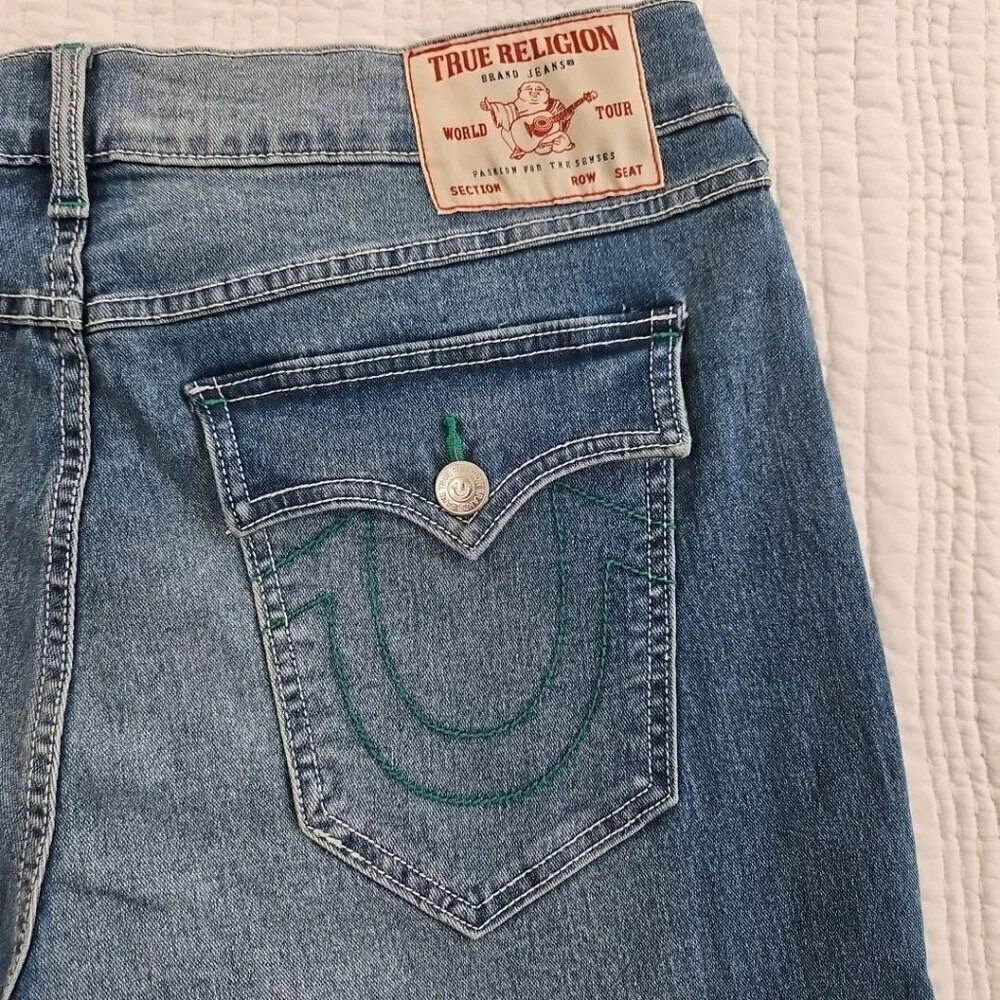 NWT True Religion Rocco Jeans Men's 36x32 Light Relaxed Flap Pocket Green Stitch